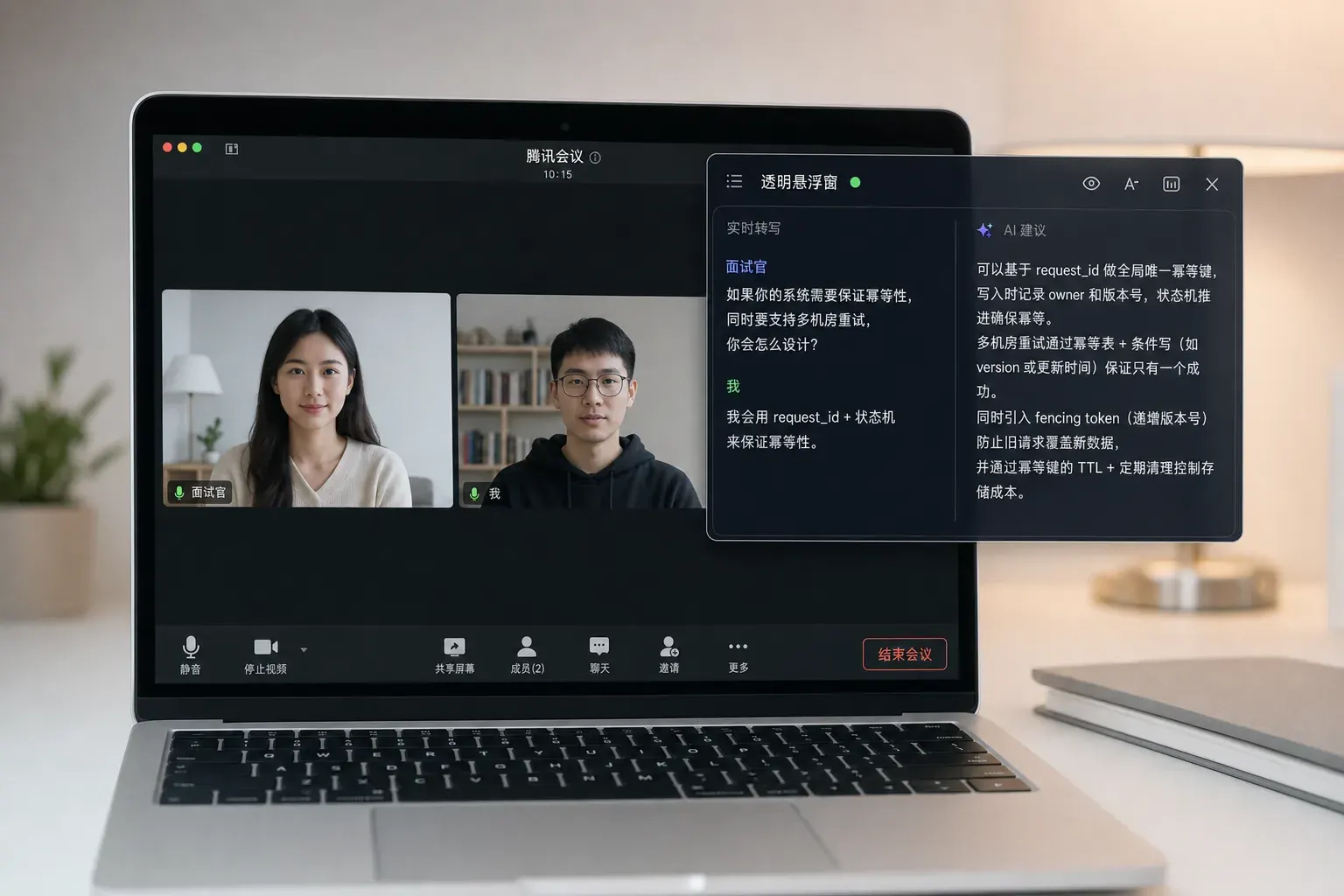 电脑悬浮窗：视频会议之上叠着实时转写和 AI 参考答案