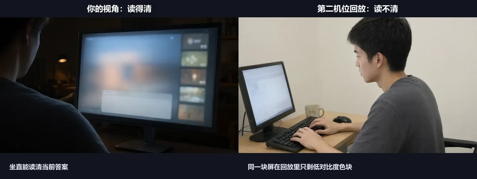 同一桌面的两种视角对比:左侧自己的视角能读清答案,右侧第二机位回放里答案读不清